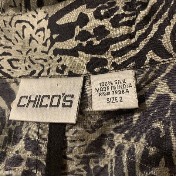 CHICO'S. Size 2 (M). Open Front Cardigan. Silk Metallic Gold and Black. B24 - Picture 5 of 5